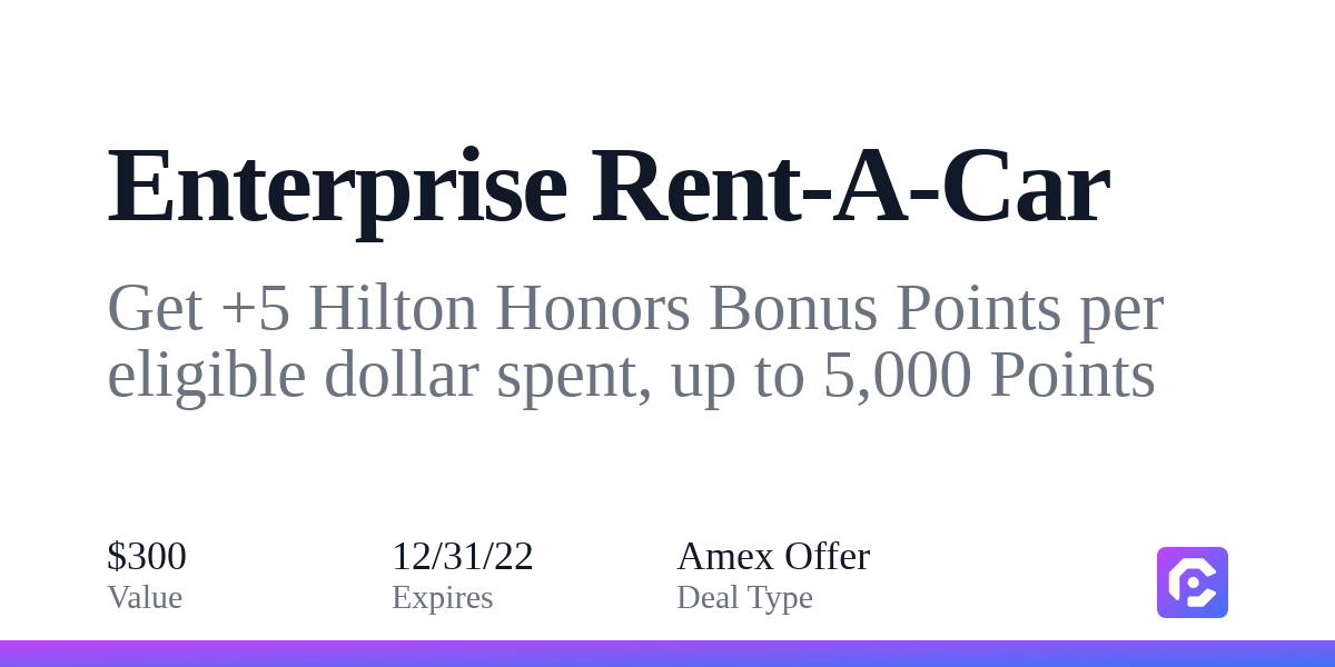 Enterprise Rent A Car Get 5 Hilton Honors Bonus Points per